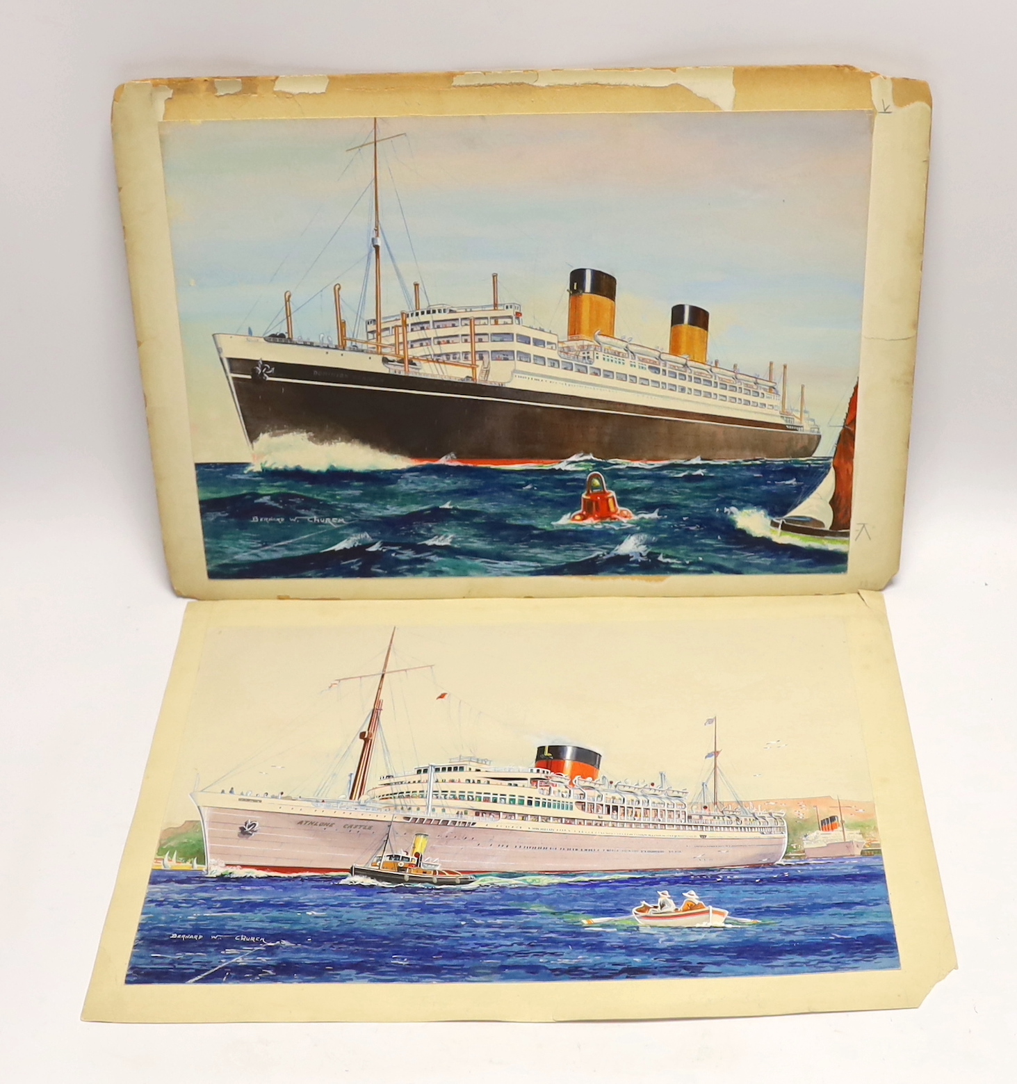 Bernard William Church, two watercolours of 1930s ocean liners, RMS Athlone Castle, Union Castle Line, 26 x 35.5cm and RMS Dominion Monarch, Shaw, Savill and Albion Line, 26 x 36cm, both signed
